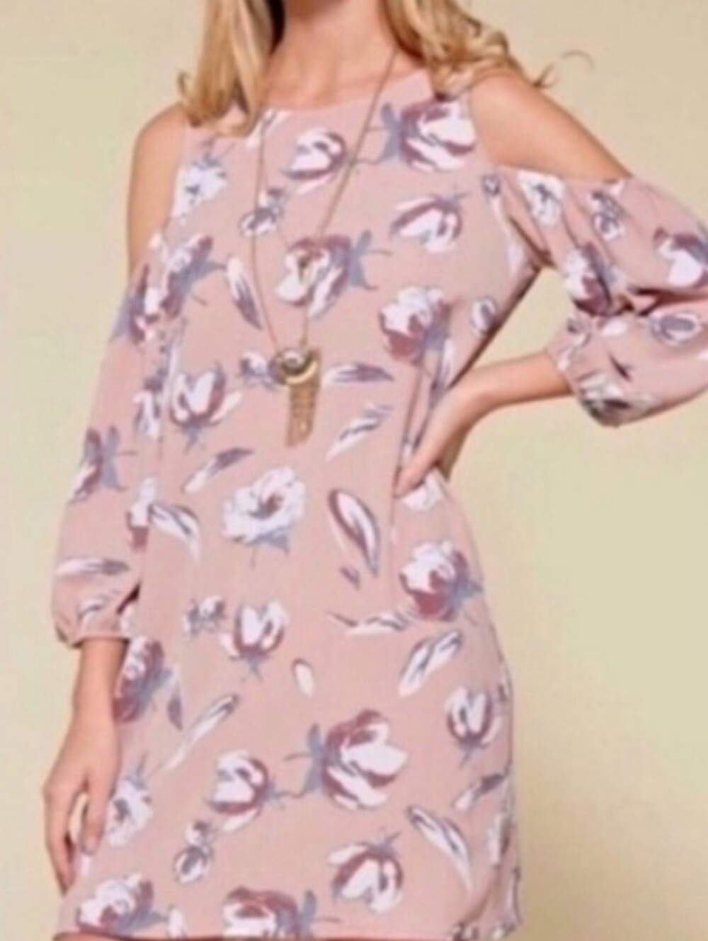 Boho Blush Pink Cold-Shoulder Floral Shift Dress Women's